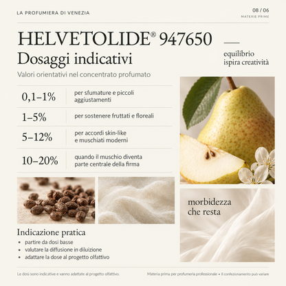 HELVETOLIDE®: guida alle materie prime con indicazioni su uso, abbinamenti e ruolo del muschio fruttato nelle composizioni.