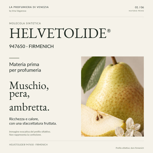 HELVETOLIDE® 947650 Firmenich, perfumery raw material. Pear and fabric evoke its fruity-musk profile; no product packaging is depicted.