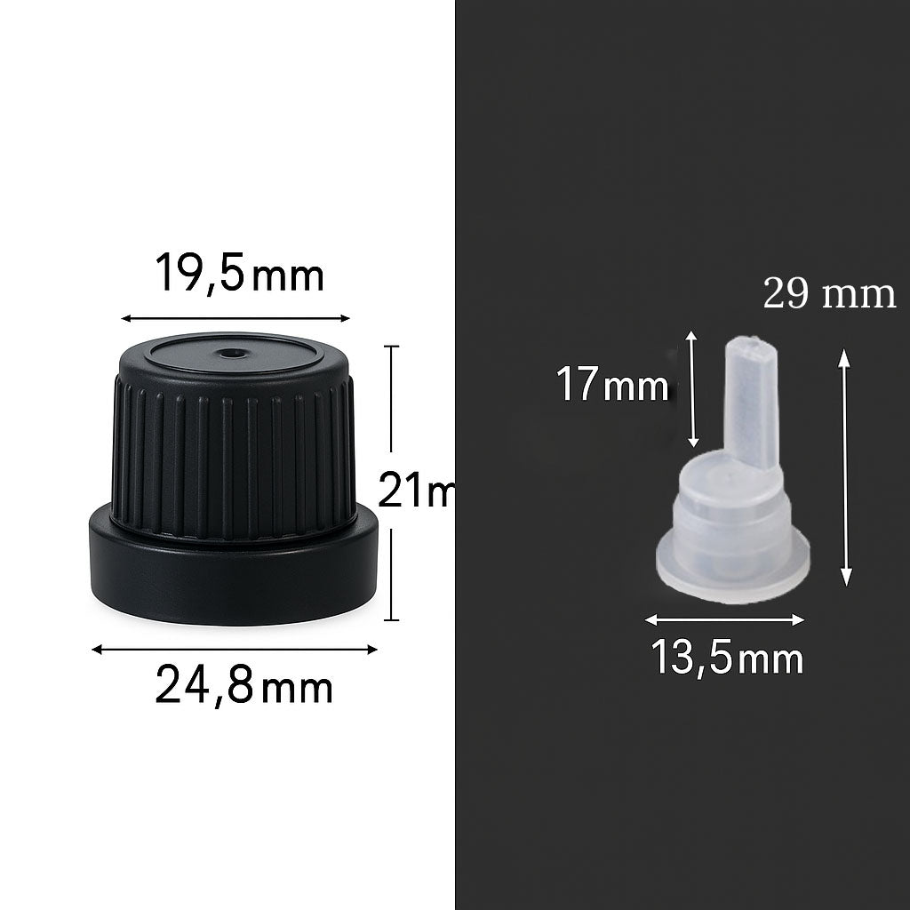 Tappo di sicurezza in plastica nera PP18 con contagocce interno