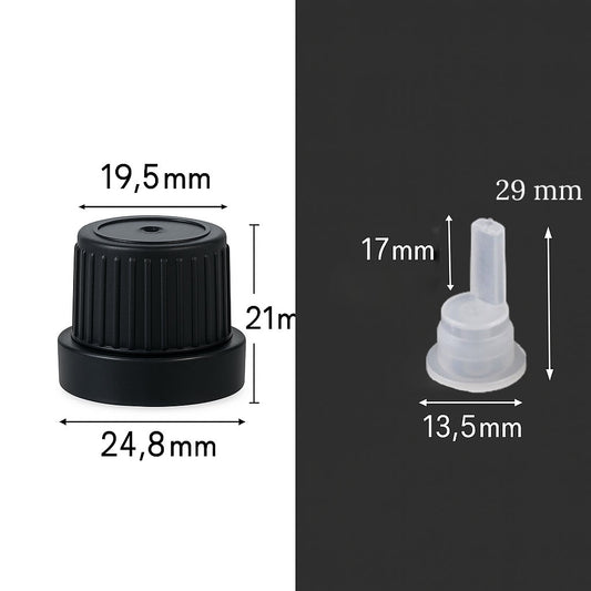 Tappo di sicurezza in plastica nera PP18 con contagocce interno